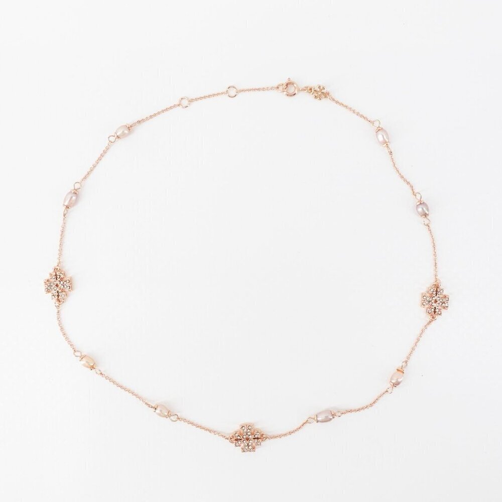 Tory Burch Gemstones and Pearl Necklace Rose Gold OS - Picture 7 of 12